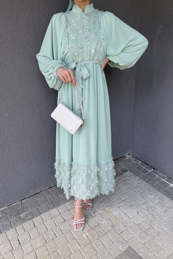 Mint Hiva Kumaş Detaylı Şifon Elbise