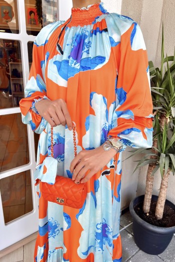 Oranj Desenli Saten Elbise