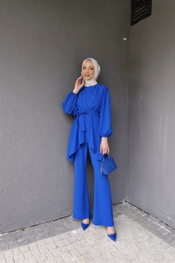 Saks Beli Sıkmalı Pantolonlu Takım