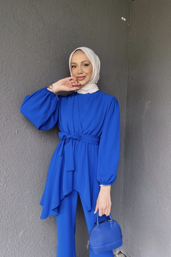 Saks Beli Sıkmalı Pantolonlu Takım