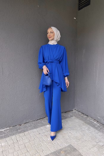 Saks Beli Sıkmalı Pantolonlu Takım