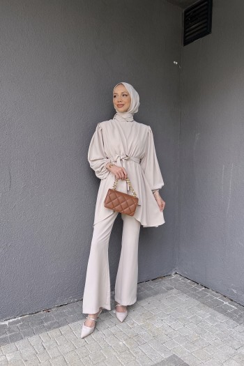 Taş Beli Sıkmalı Pantolonlu Takım