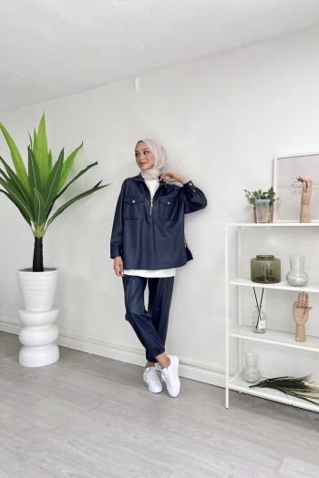 Lacivert Fermuarlı Deri Pantolon Takım