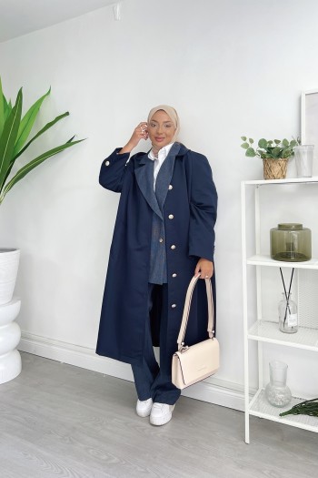 Lacivert Gabardin Düğmeli Trençkot