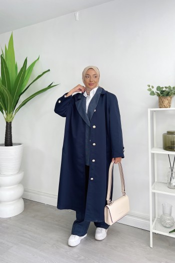 Lacivert Gabardin Düğmeli Trençkot
