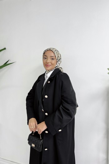 Siyah Gabardin Düğmeli Trençkot