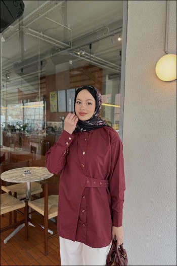 Bordo Tina Yandan Bağlamalı Dacron Gömlek
