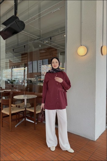 Bordo Tina Yandan Bağlamalı Dacron Gömlek