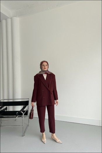 Bordo Wendy Kemerli Blazer Takım