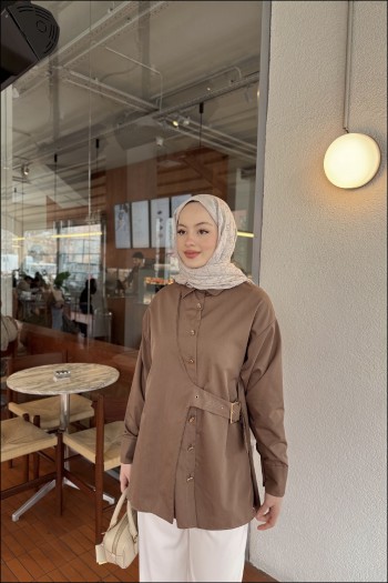 Kahve Tina Yandan Bağlamalı Dacron Gömlek
