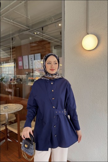 Lacivert Tina Yandan Bağlamalı Dacron Gömlek
