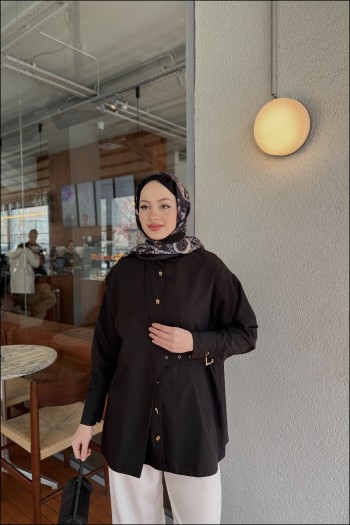 Siyah Tina Yandan Bağlamalı Dacron Gömlek