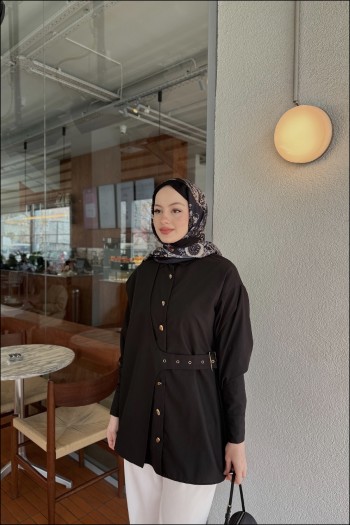 Siyah Tina Yandan Bağlamalı Dacron Gömlek