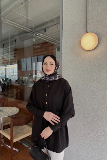 Siyah Tina Yandan Bağlamalı Dacron Gömlek