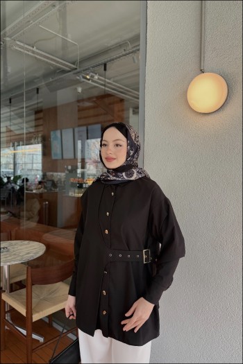 Siyah Tina Yandan Bağlamalı Dacron Gömlek