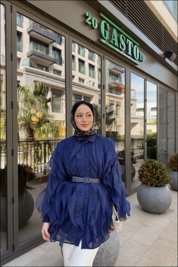 Lacivert Elena Kolu Fırfırlı Gömlek