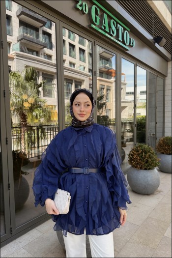 Lacivert Elena Kolu Fırfırlı Gömlek