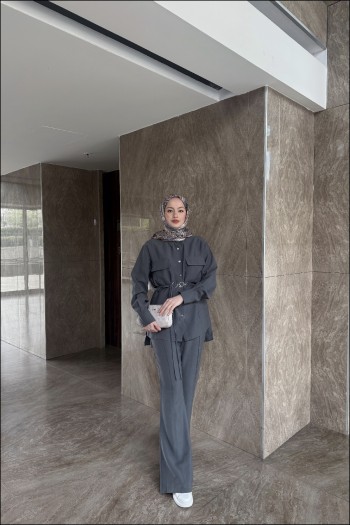 Antrasit Sarah Çıt Çıt düğmeli Modal Takım