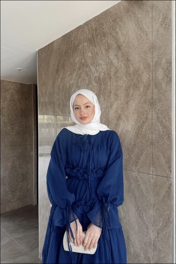 Lacivert Larya Şifon Elbise