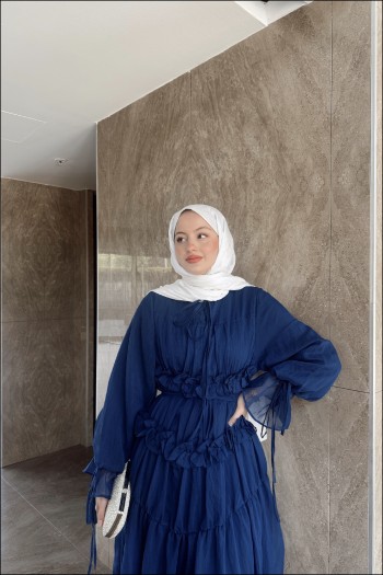 Lacivert Larya Şifon Elbise