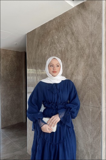 Lacivert Larya Şifon Elbise