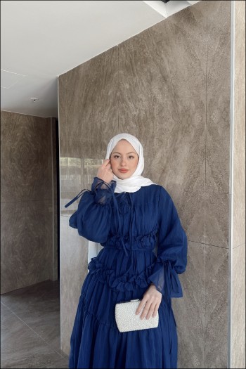 Lacivert Larya Şifon Elbise