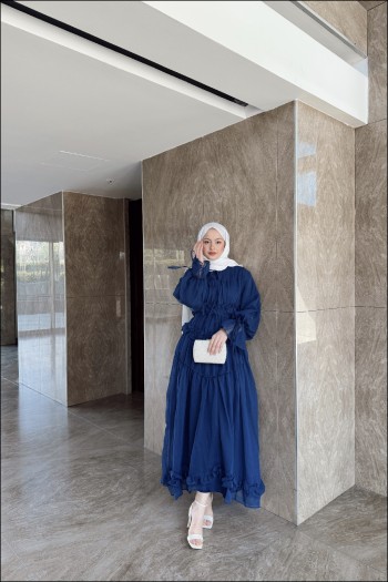 Lacivert Larya Şifon Elbise
