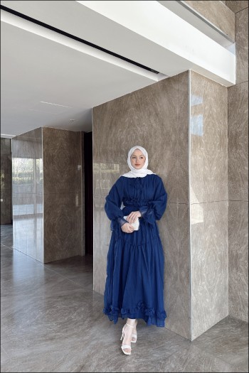 Lacivert Larya Şifon Elbise