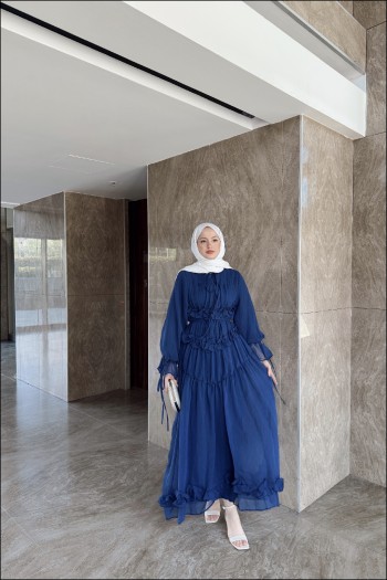 Lacivert Larya Şifon Elbise