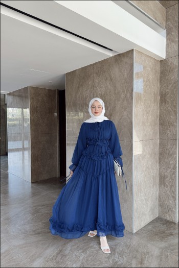 Lacivert Larya Şifon Elbise