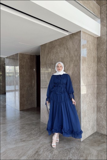 Lacivert Larya Şifon Elbise