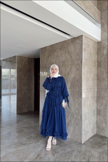 Lacivert Larya Şifon Elbise