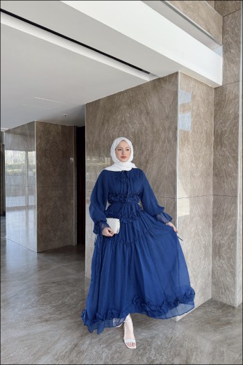 Lacivert Larya Şifon Elbise
