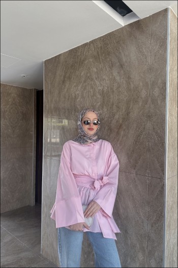 Pembe Minel Kuşaklı Gömlek