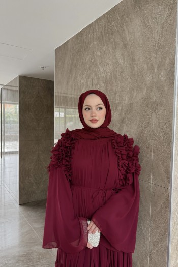 Bordo Biance Omuz Fırfırlı Şifon Elbise