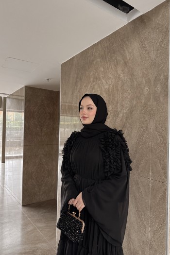 Siyah Biance Omuz Fırfırlı Şifon Elbise